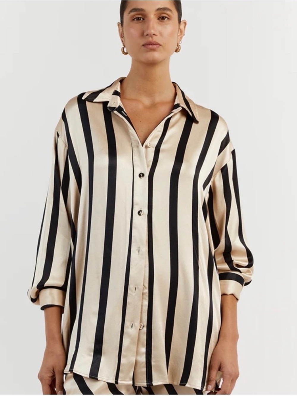 DISSH Satin Long Sleeve Button Up Blouse Beige Black Striped Women's Sz 2
